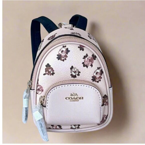 Coach Mini Court Backpack Bag Charm Pink Rosette Keychain Floral Blush CAA68 - Picture 1 of 10
